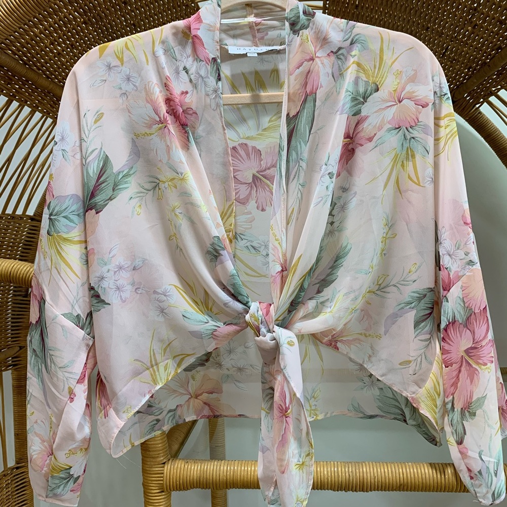 Sheer Hawaiian tie front top